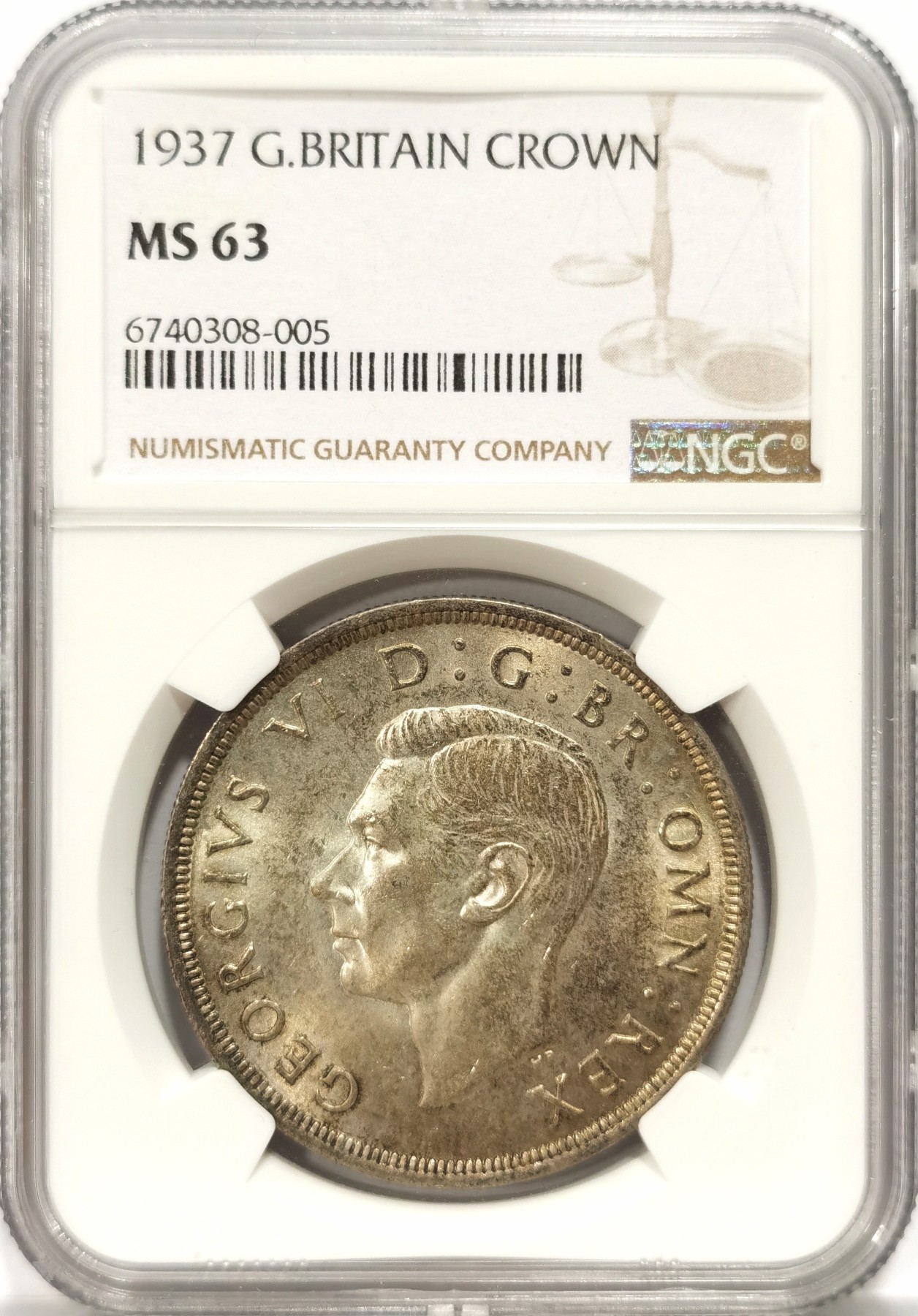 博洋堂世界钱币拍卖第058期（全场包邮） 1937年英国乔治六世登基1克朗纪念银币NGC-MS63，原汁原味双面淡彩包浆，状态非常好，获得更高的评分数量才162枚