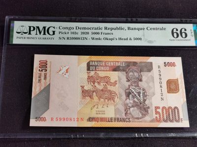 刘世昌艺术品销售中心～虎踞龙蟠*金杨在线联拍群第508期 - 刚果2020年5000法郎（PMG  66E  号码：R5990812N）1枚。