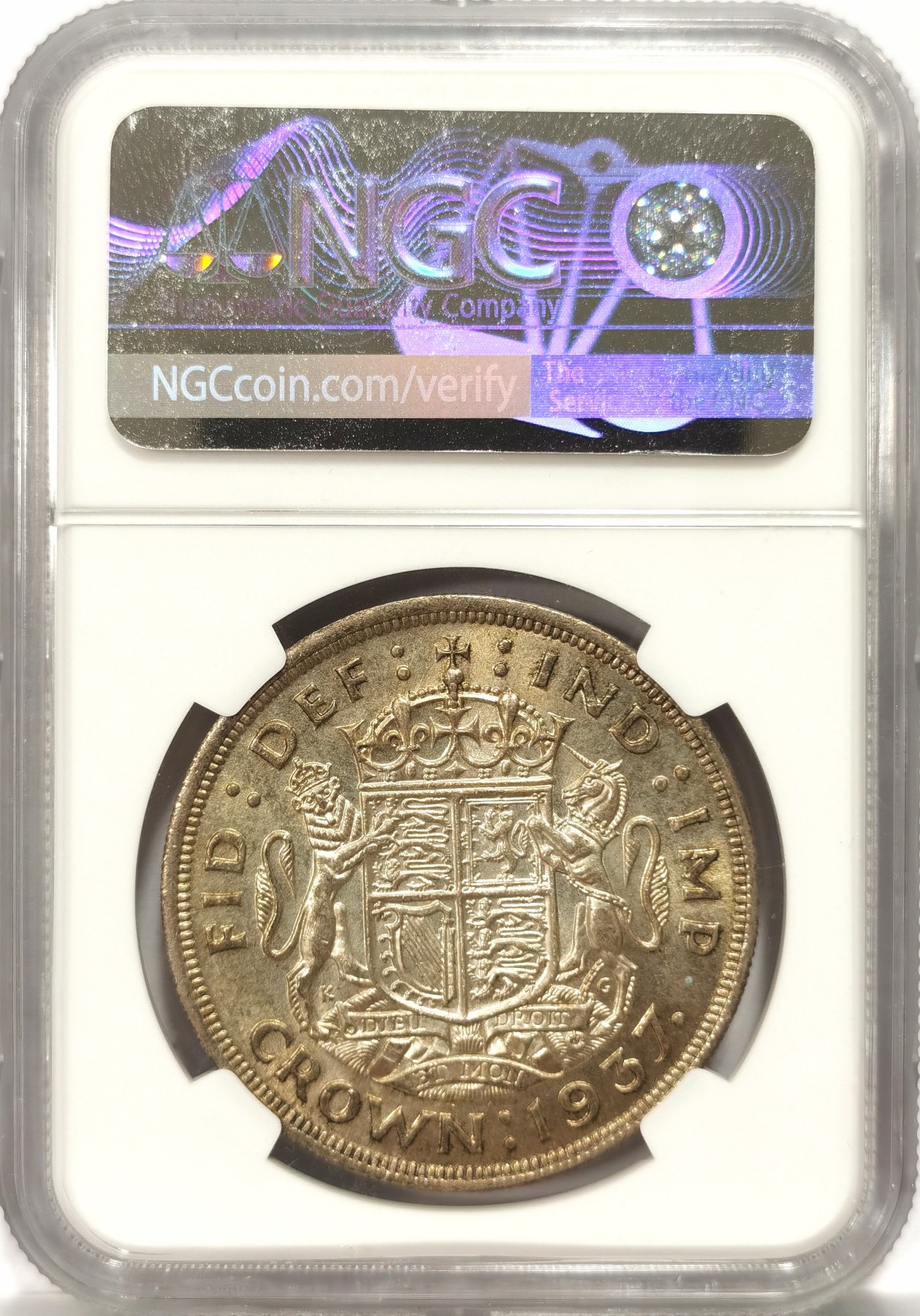 博洋堂世界钱币拍卖第058期（全场包邮） 1937年英国乔治六世登基1克朗纪念银币NGC-MS63，原汁原味双面淡彩包浆，状态非常好，获得更高的评分数量才162枚
