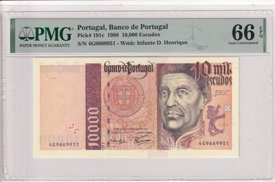 🌗乐淘淘世界纸币收藏拍卖 第36期🌓 【4G9669951】葡萄牙1998年纸币 10000埃斯库多 PMG66EPQ