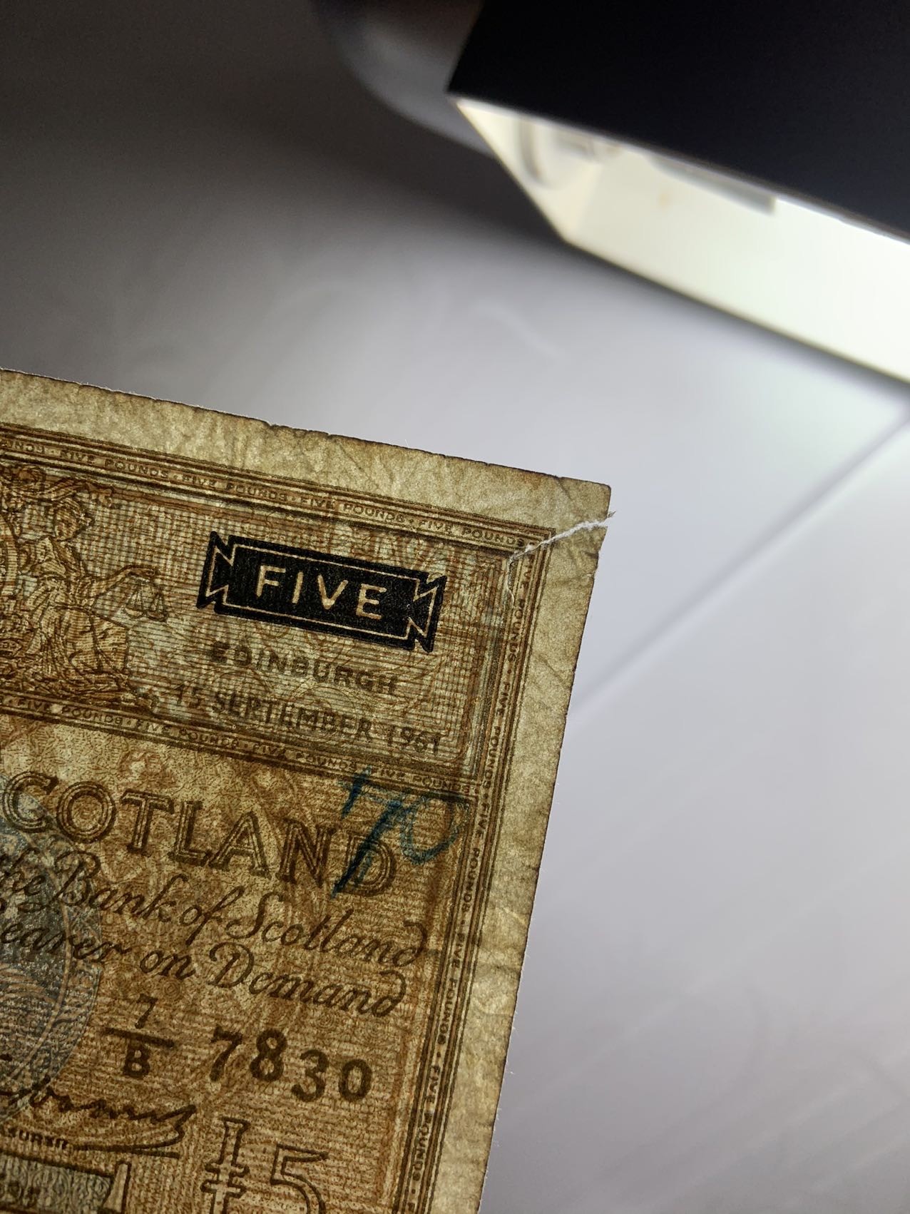 收藏联盟Quantum Auction 第314期拍卖  苏格兰银行1961年5镑 品相如图 稀少 冠号仅千位