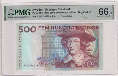 🌗乐淘淘世界纸币收藏拍卖 第36期🌓 【5550354478】瑞典1994-2000年纸币 500克朗 PMG66EPQ