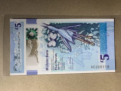 【礼羽收藏】🌏世界钱币拍卖第111期 - 【AE266118】全新UNC 2019年北爱尔兰阿尔斯特银行5镑塑料钞 无3457尾8 朦胧号