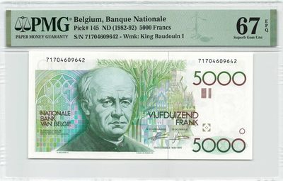 小福收藏拍卖第147期 评级币精选场 本期有法国果园  丹麦首发年 A1冠大蜥蜴  比利时大蜻蜓 意大利提香 阿尔及利亚45年50法朗冠军分 瑞士马丁割袍 越南劝降券 德国明斯特首版克拉拉  墨西哥 丹麦 卢森堡等各种高分珍稀老钞精品 - 比利时 1982-92年 5000法郎 大蜻蜓 PMG67 EPQ 亚军分