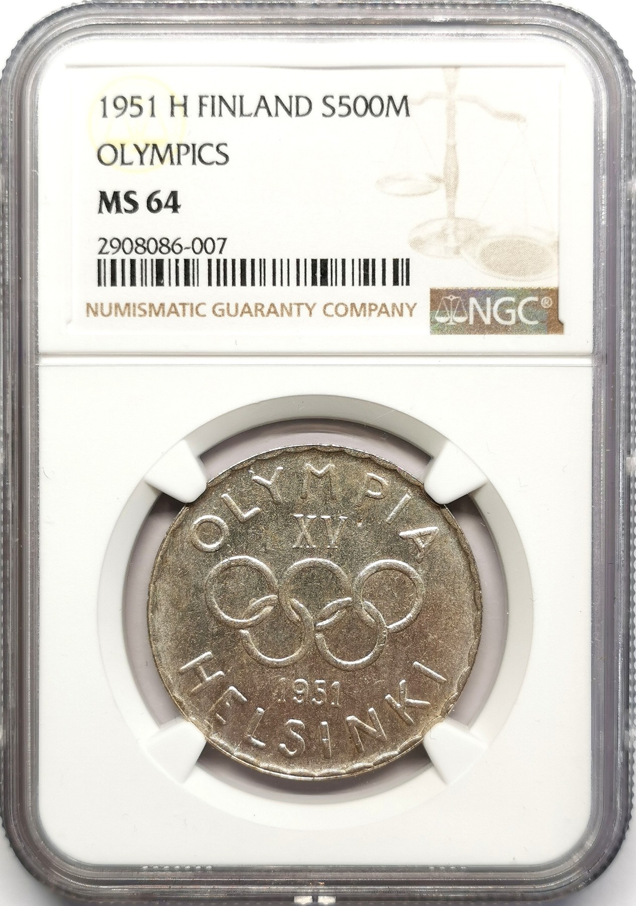 凡希万国世界钱币年度大拍第二季 NGC MS64 1951芬兰赫尔辛基奥运500马克纪念银币 世界第一枚奥运纪念币，远比1952再版稀有！