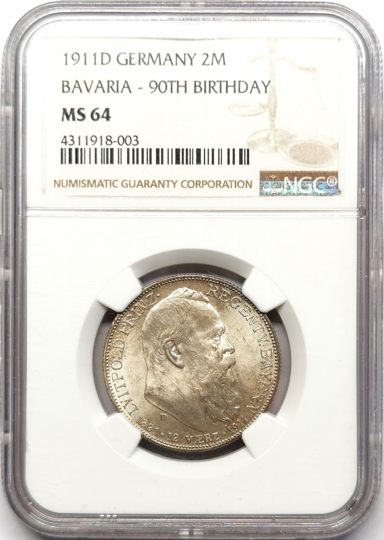 凡希万国世界钱币年度大拍第二季 NGC MS64 1911年巴伐利亚利奥波德90大寿纪念2马克