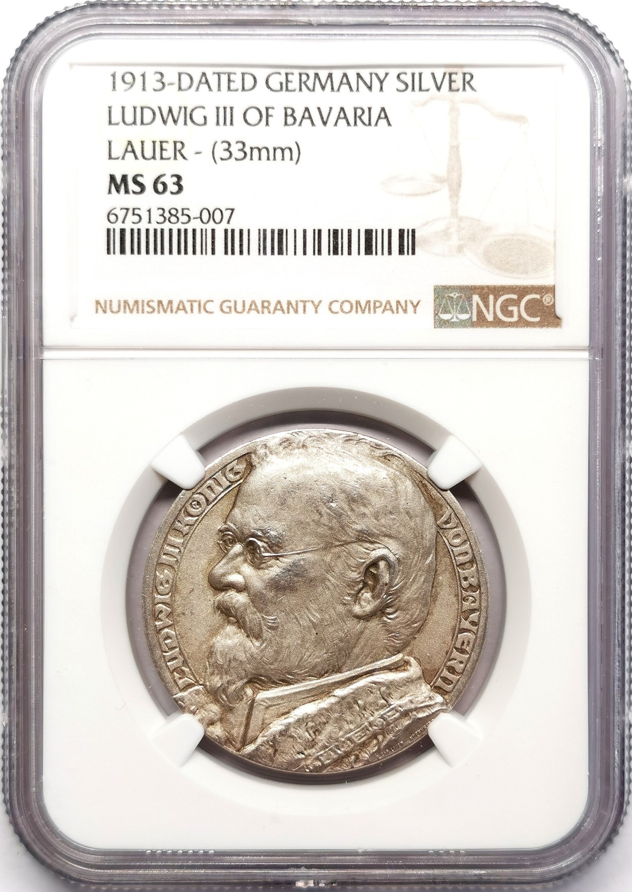 凡希万国世界钱币年度大拍第二季 NGC MS63 1913年德国巴伐利亚末代国王路德维希三世废黜奥托一世加冕为巴伐利亚国王纪念银章 少见33MM厚重 阴刻与阳刻完美结合