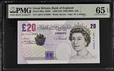 🌗乐淘淘世界纸币收藏拍卖 第36期🌓 【AB75 815999】英国1999年纸币 20镑 豹子号999 女王钞 PMG65EPQ