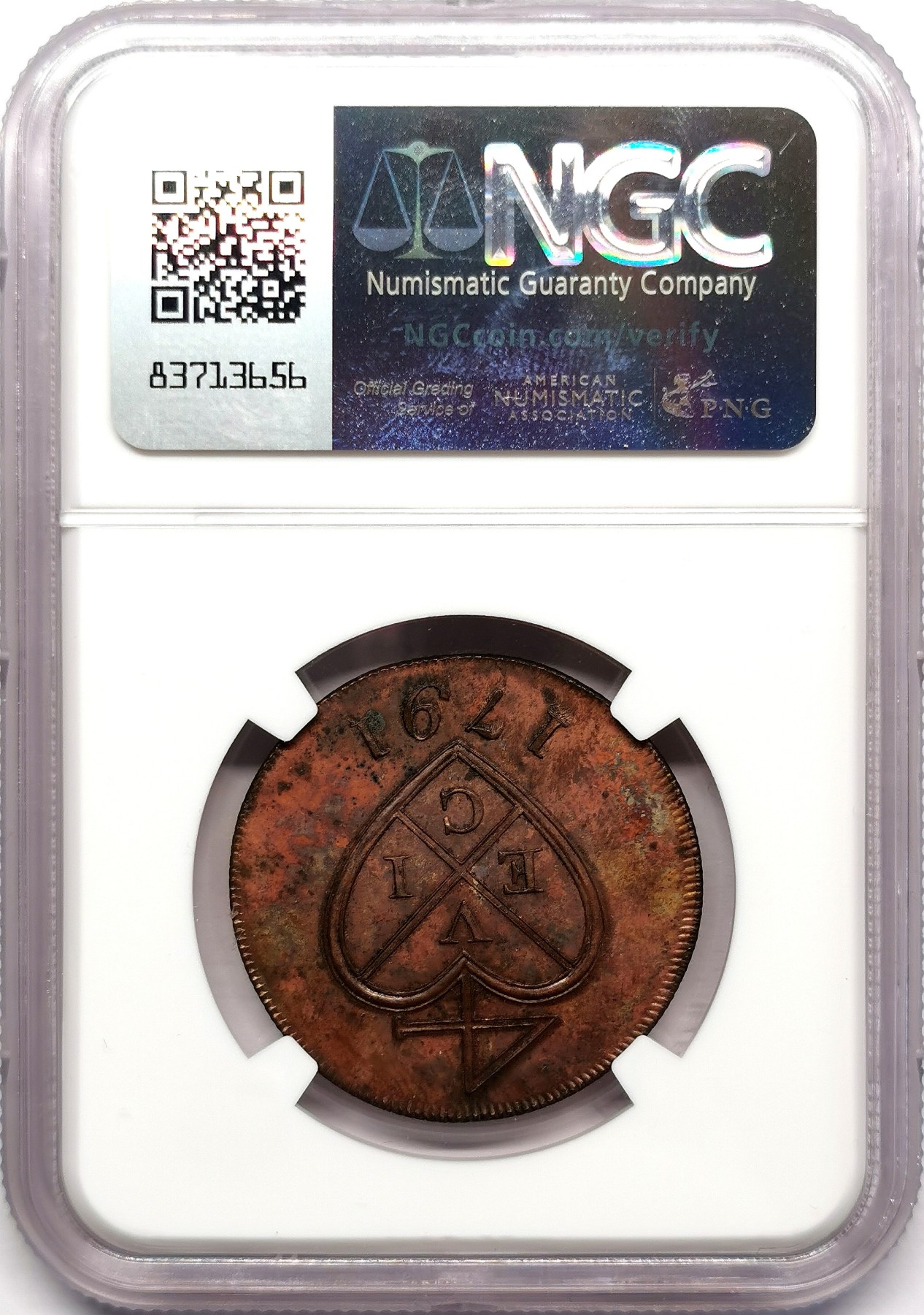 凡希万国世界钱币年度大拍第二季 NGC UNCD 1796印度孟买总督辖区2P铜币 实物有污渍斑点但细节上佳。