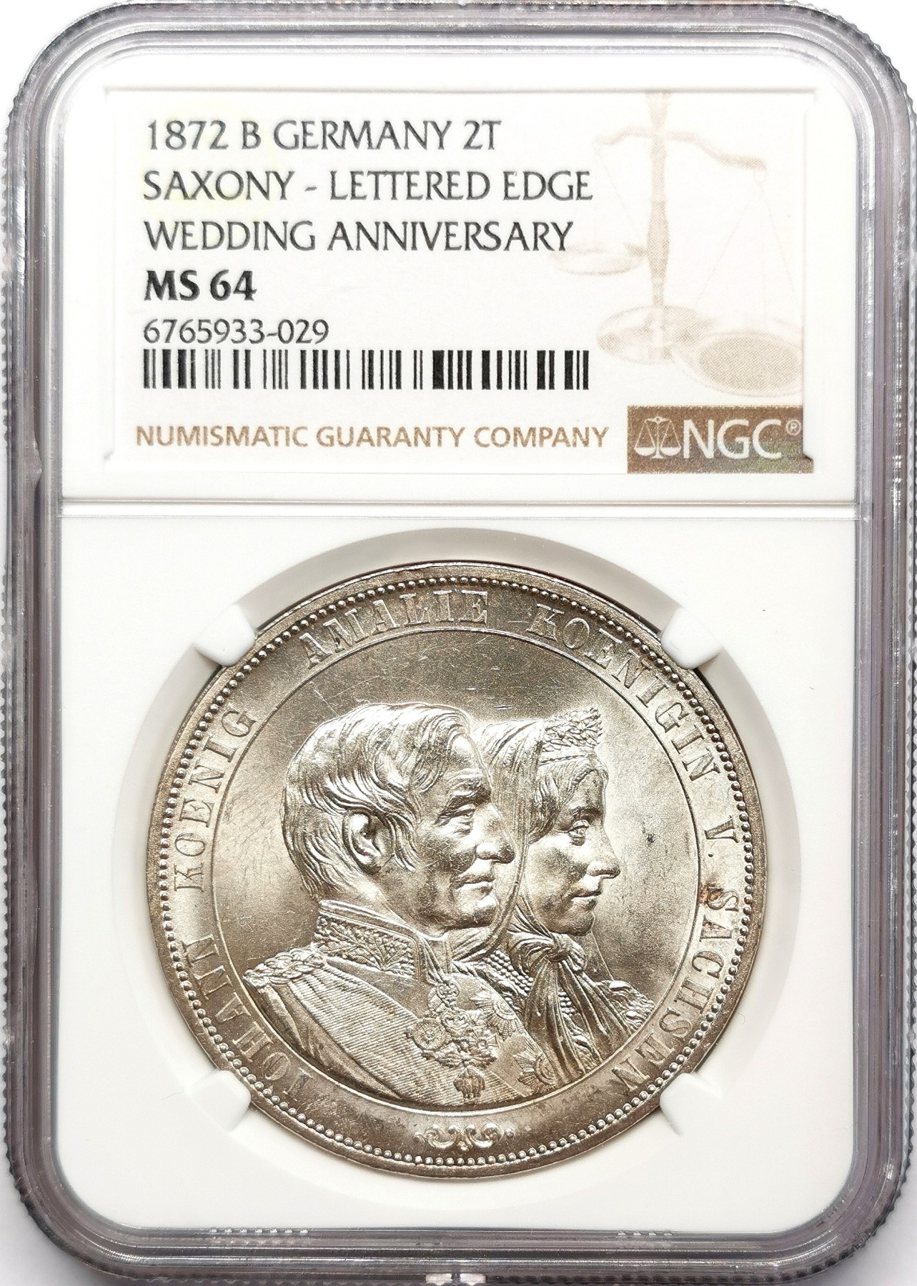 凡希万国世界钱币年度大拍第二季 NGC MS64 1872年德国萨克森国王金婚流通纪念2泰勒 最后的2泰勒名誉品种 十字转曝光