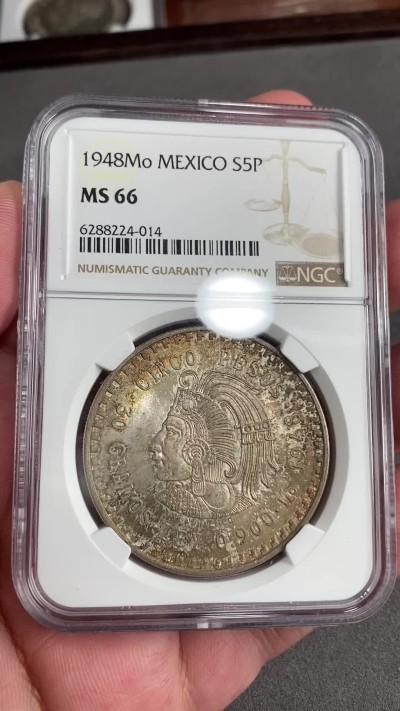凡希万国世界钱币年度大拍第二季 NGC MS66 1948年墨西哥玛雅人鹰洋5比索大银 顶级五彩BU品