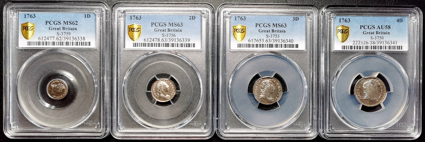 凡希万国世界钱币年度大拍第二季 PCGS AU58-MS63 1763英国乔三濯足币四枚全套 