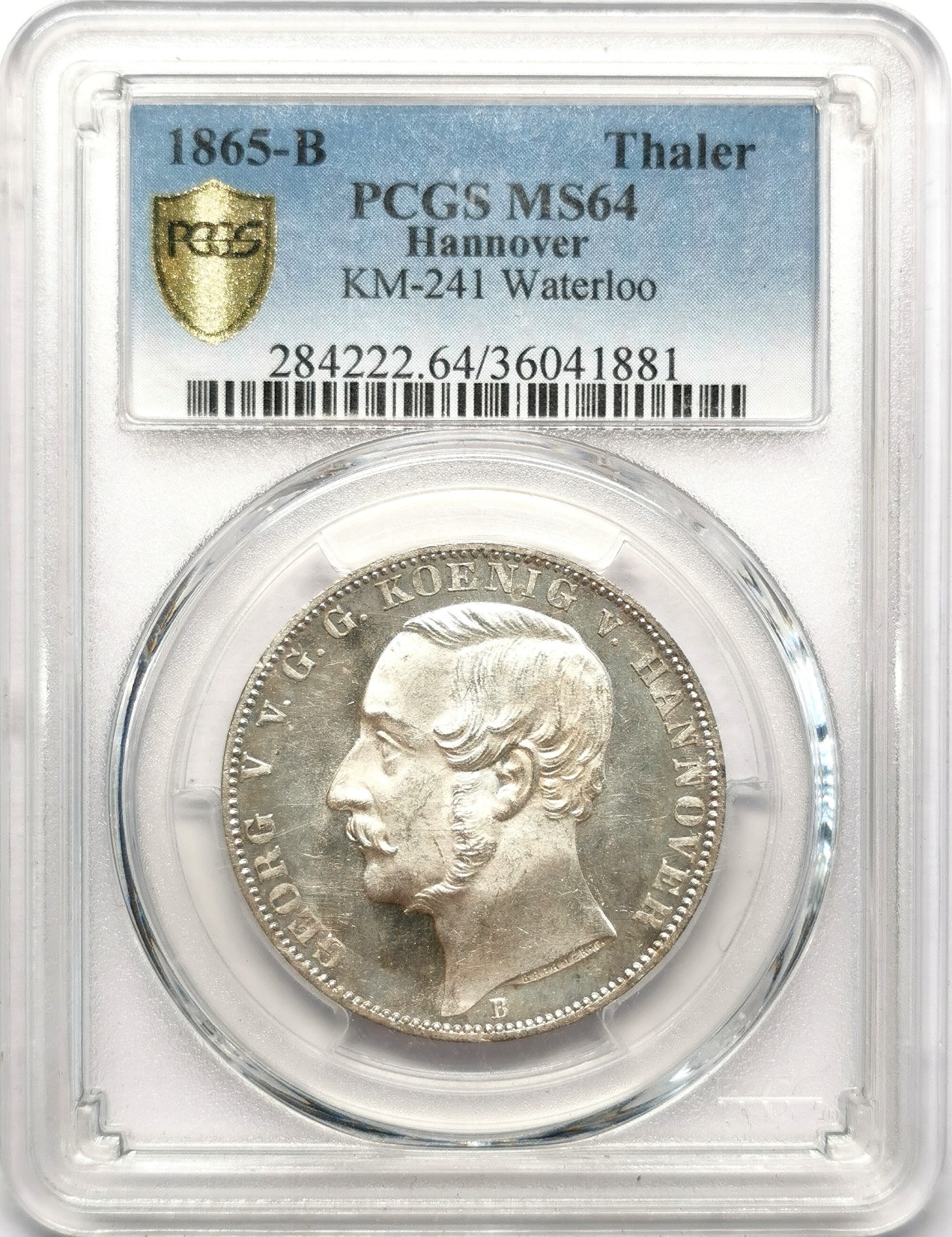 凡希万国世界钱币年度大拍第二季 PCGS MS64 1865汉诺威滑铁卢战役纪念1泰勒 发行量15000枚 一说用于奖励参加过滑铁卢战役的老兵 拥有非常强烈的镜面凝霜感