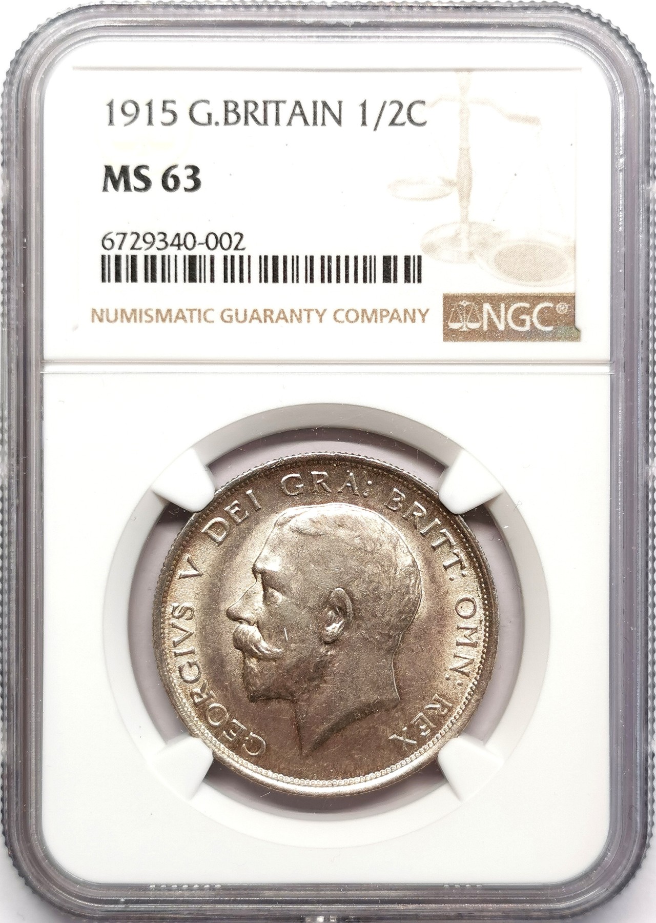 凡希万国世界钱币年度大拍第二季 NGC MS63 1915英国乔五1/2克朗银币 黄光淡彩！