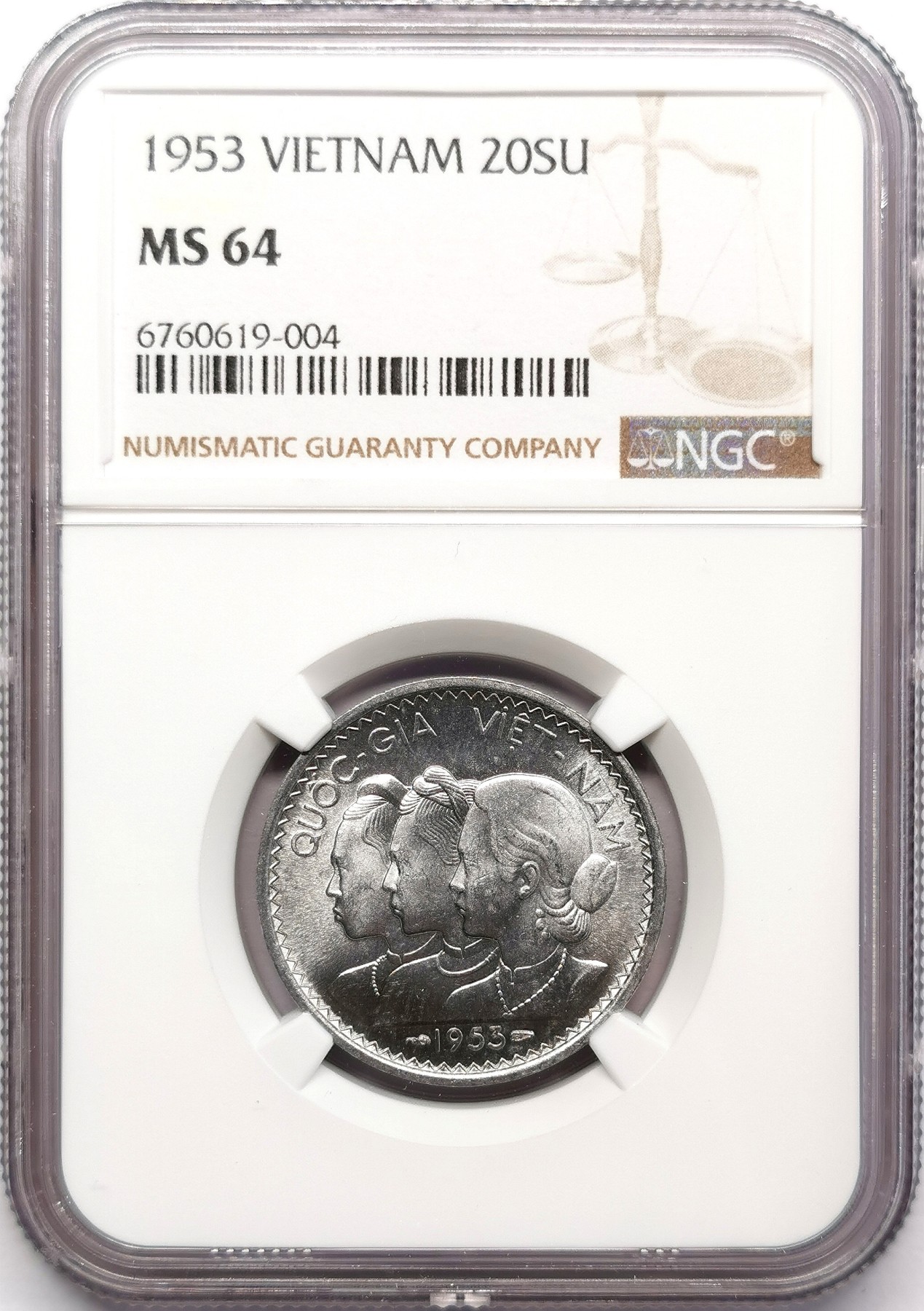 凡希万国世界钱币年度大拍第二季 NGC MS64 1953越南国50XU铝币民族妇女 