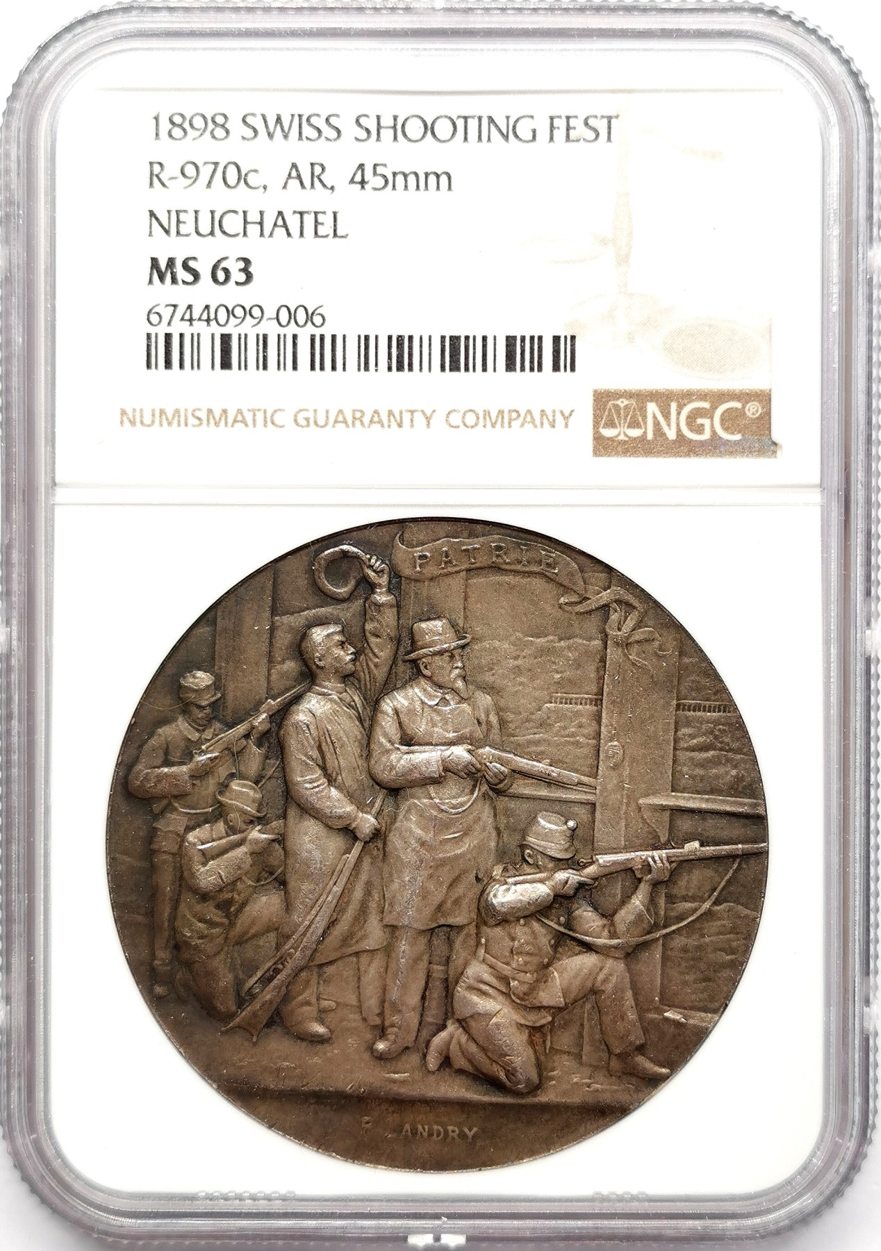 凡希万国世界钱币年度大拍第二季 NGC MS63 1898年瑞士纳沙泰尔射击节大银章 高浮雕 45MM 38G 原味原盒彩名誉品种