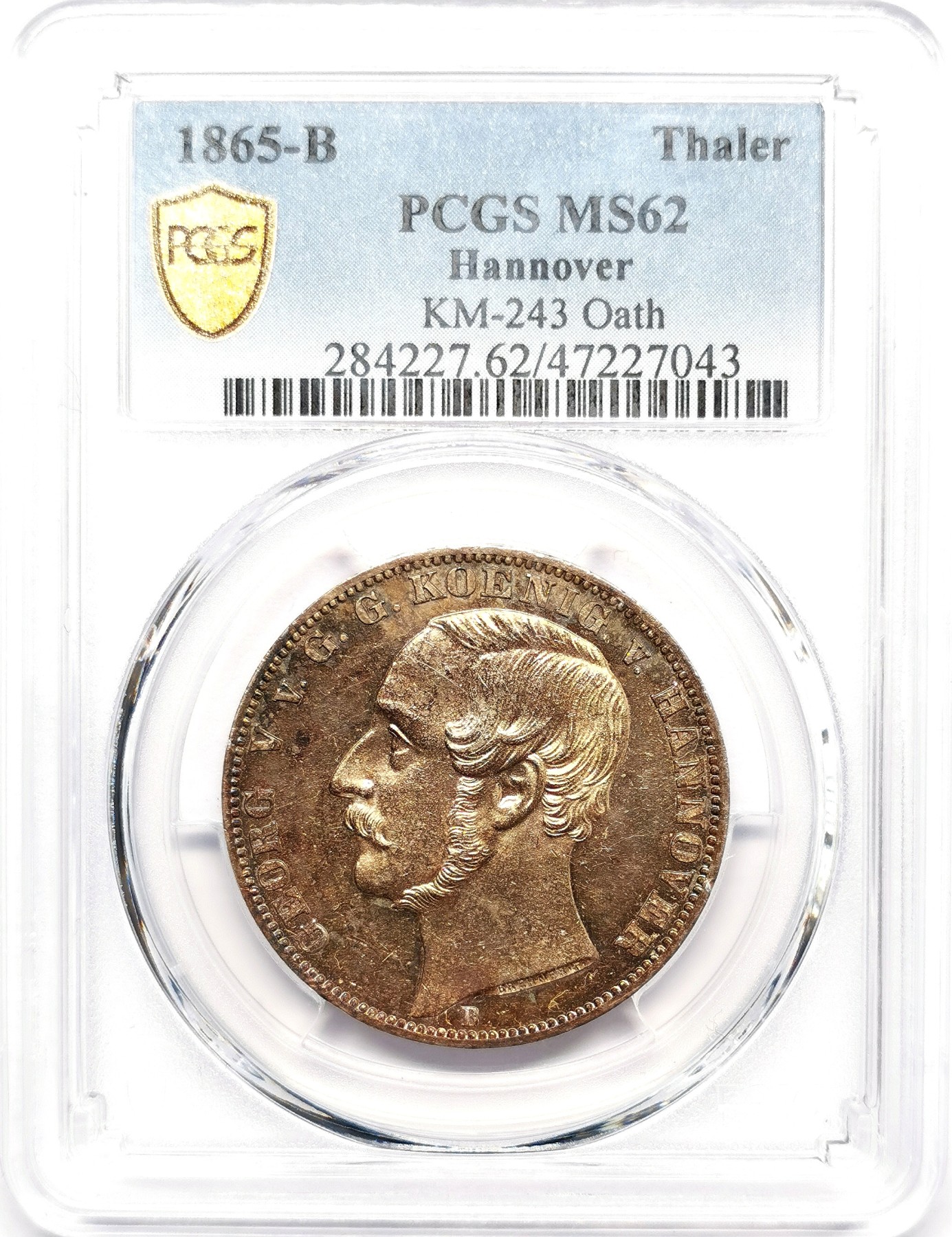 凡希万国世界钱币年度大拍第二季 PCGS MS62 1865年德国汉诺威自由的弗里斯兰人民橡树纪念1泰勒 2000枚的发行量注定了不平凡的品质 此枚金红色包浆裹身 镜面底板 收藏品质