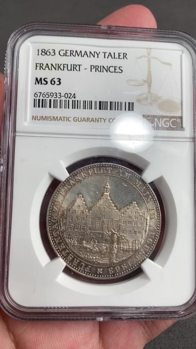 凡希万国世界钱币年度大拍第二季 NGC MS63 1863年德国法兰克福王子会议1泰勒 经典名誉品种 黄油转光