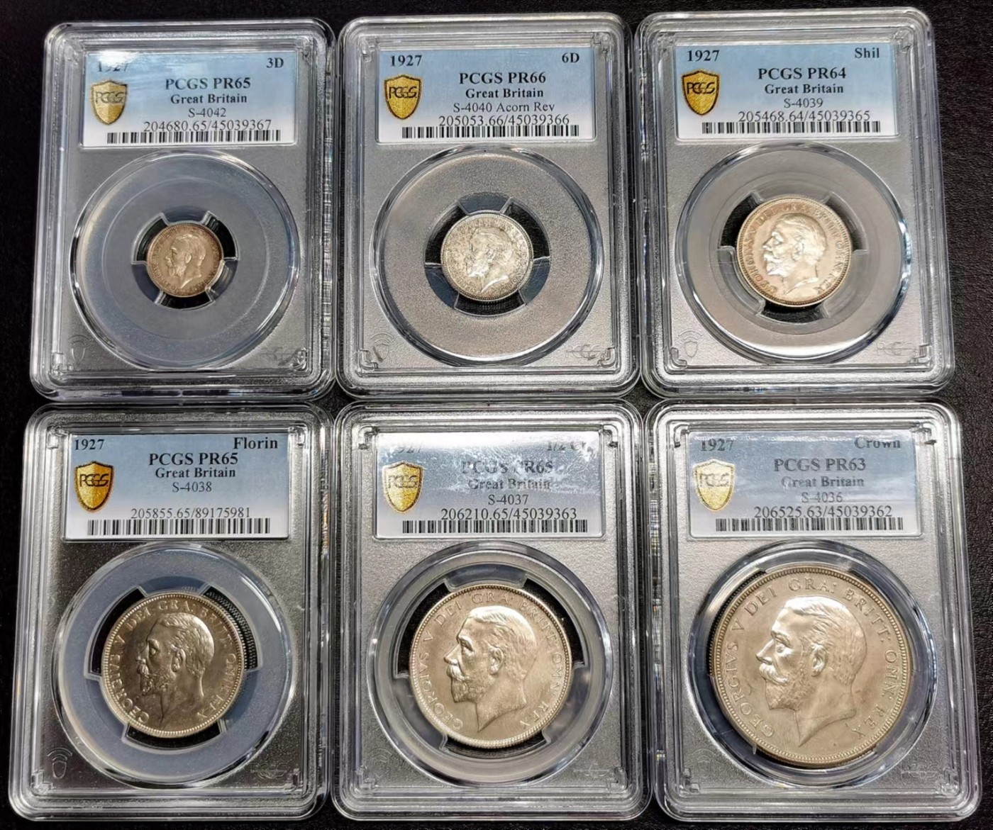 凡希万国世界钱币年度大拍第二季 PCGS PF63-66 1927英国乔五新版币精铸PS六枚套 典型的原装哑光灰彩！