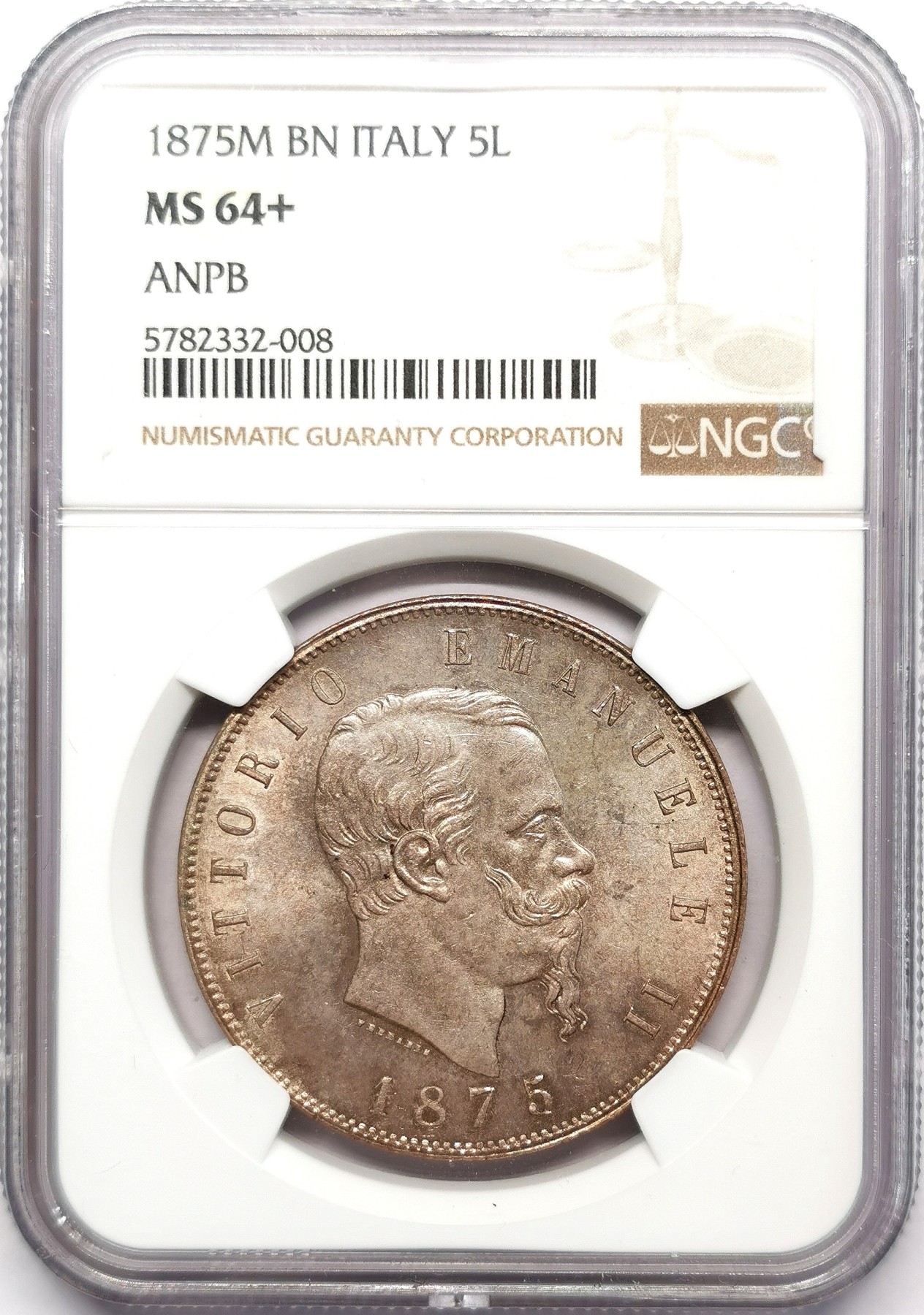 凡希万国世界钱币年度大拍第二季 荐！NGC MS64+1875M意大利埃曼努尔二世5里拉大银淡紫金彩，米兰厂出品，唯一最高分！