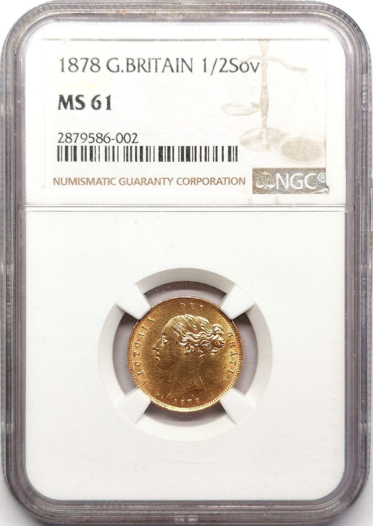 凡希万国世界钱币年度大拍第二季 1878英国小维背盾徽1/2索维林金币NGC MS61