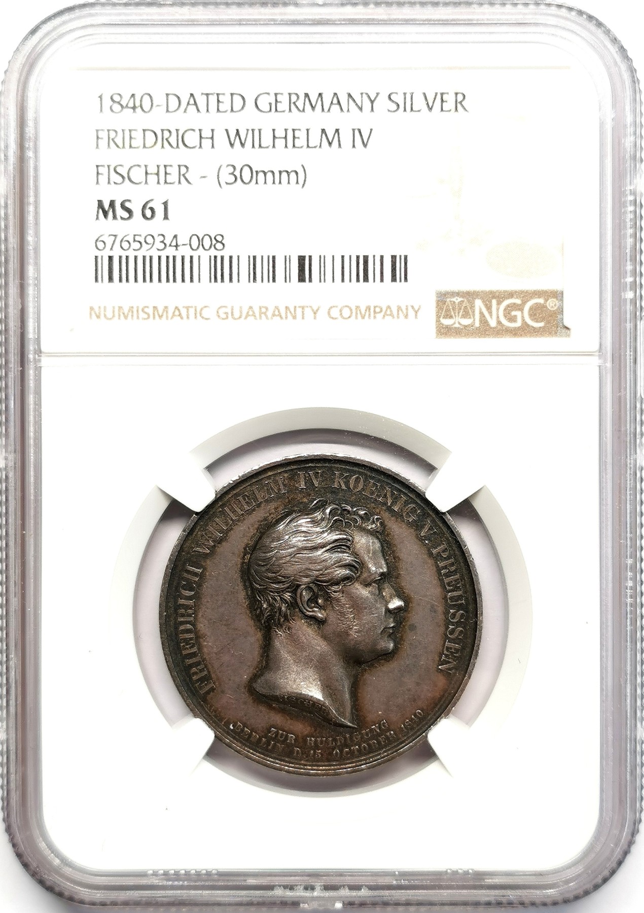 凡希万国世界钱币年度大拍第二季 NGC MS61 1840年德国普鲁士威廉四世加冕纪念小银章 小型高浮雕原味好品少见