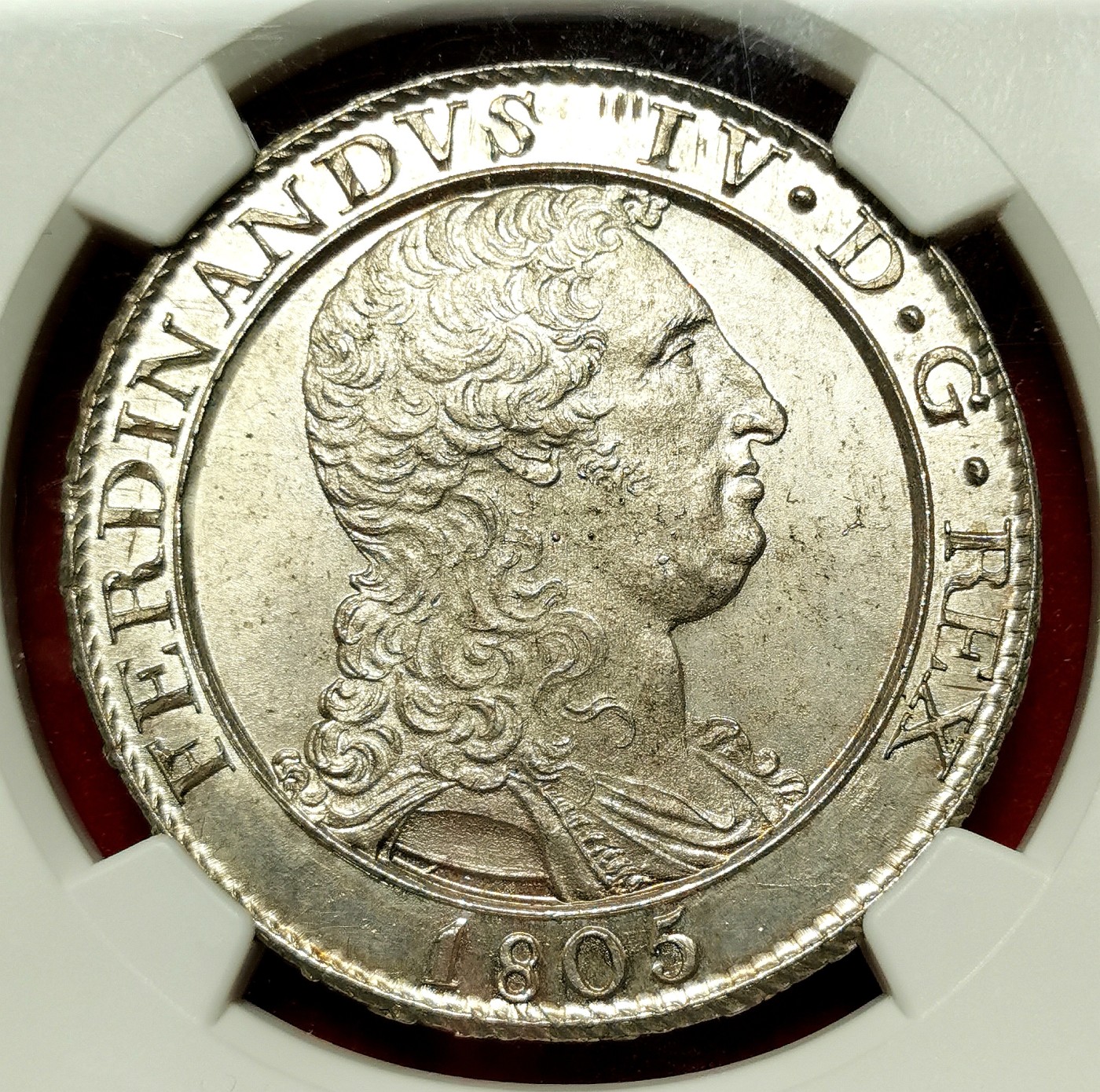 凡希万国世界钱币年度大拍第二季 稀！NGC MS64 1805那不勒斯与西西里费尔南德斯四世120G大银 罕见原色银光，一流的铸纹辨识度，真正压箱底品质！