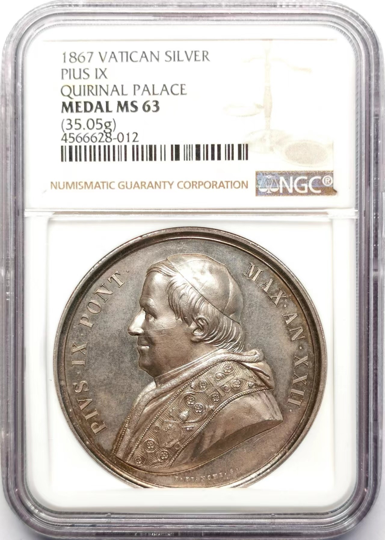 凡希万国世界钱币年度大拍第二季 NGC MS63 1867梵蒂冈庇护九世奎里纳尔宫纪念银章