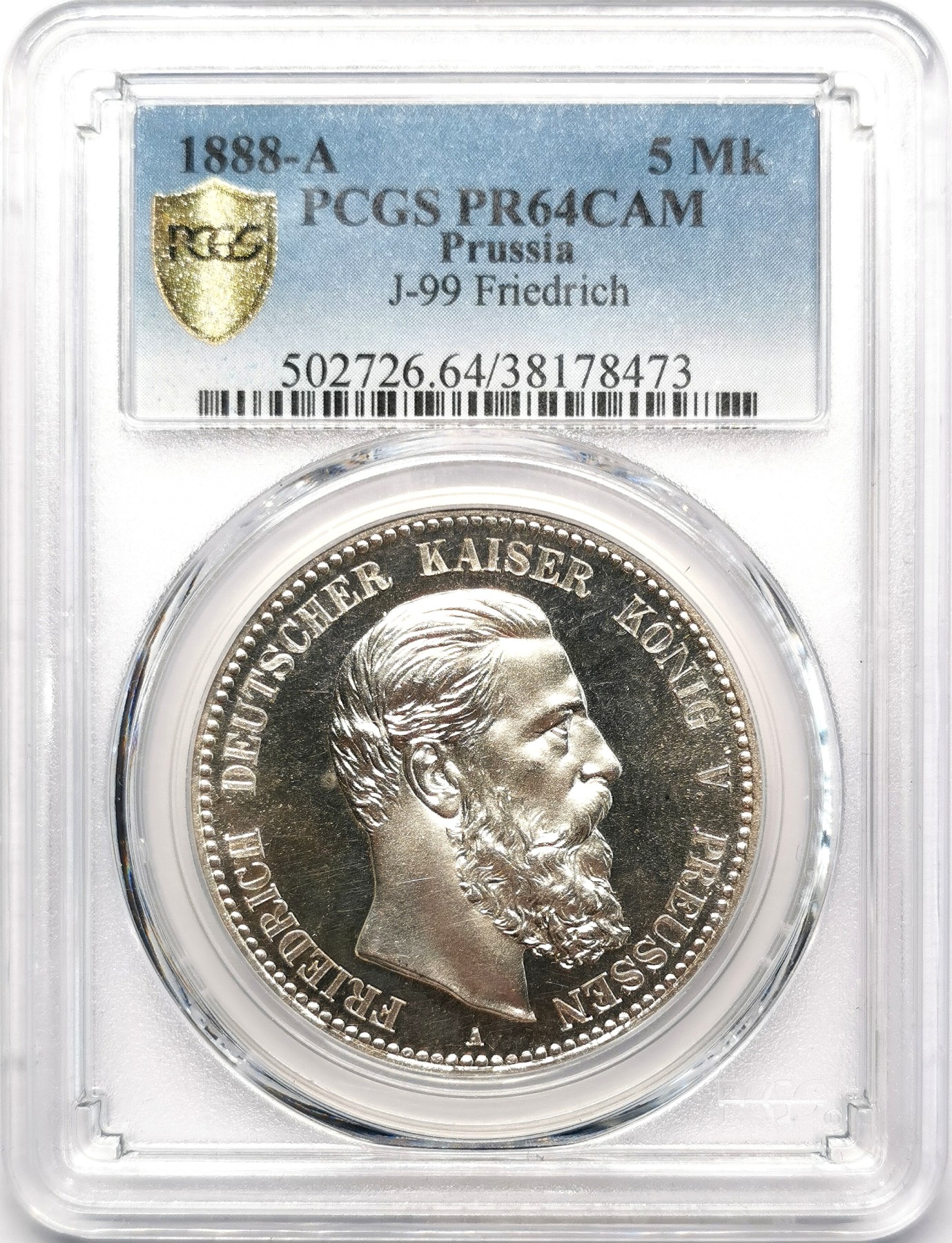 凡希万国世界钱币年度大拍第二季 荐！PCGS PR64CAM 1888年德国普鲁士腓特烈三世5马克 超绝精致镜面 人像与短翅高点的凝霜感极其突出 底板的平整与镜面感发出黝黑的深邃感 马克名誉品种中难度不小的终身典藏品质