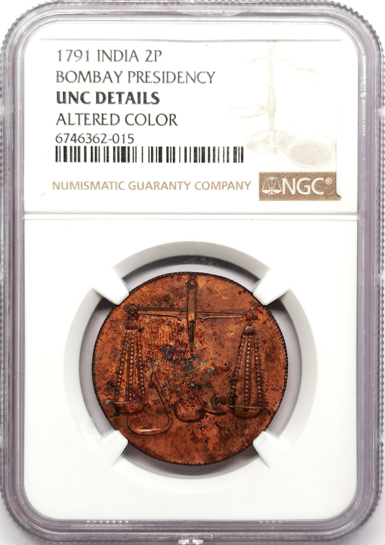 凡希万国世界钱币年度大拍第二季 NGC UNCD 1796印度孟买总督辖区2P铜币 实物有污渍斑点但细节上佳。