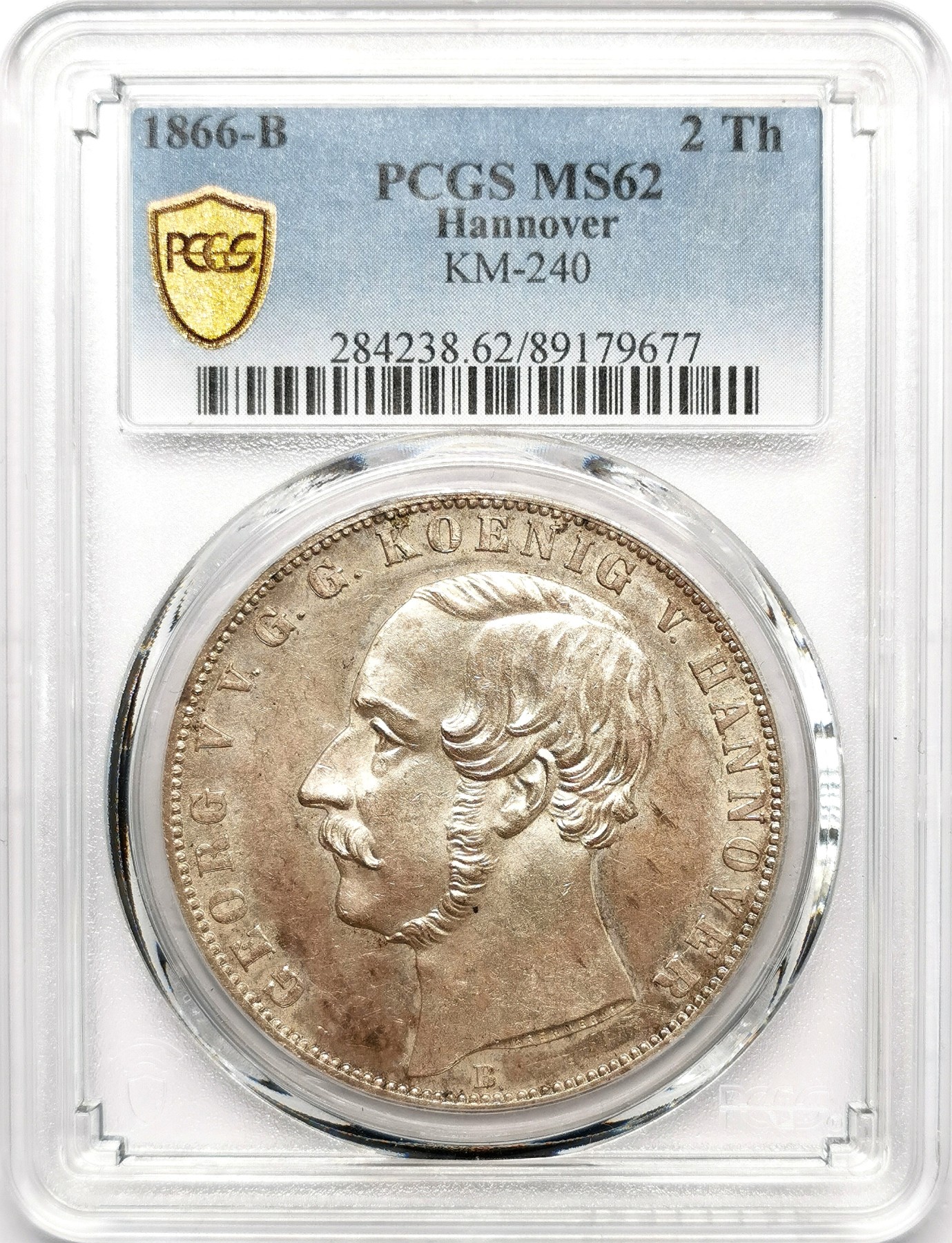 凡希万国世界钱币年度大拍第二季 PCGS MS62 1866年德国汉诺威末年狮马纹章流通2泰勒 汉诺威最后的2泰勒 原味转光五彩 是2泰勒收藏中不可或缺的重要品种