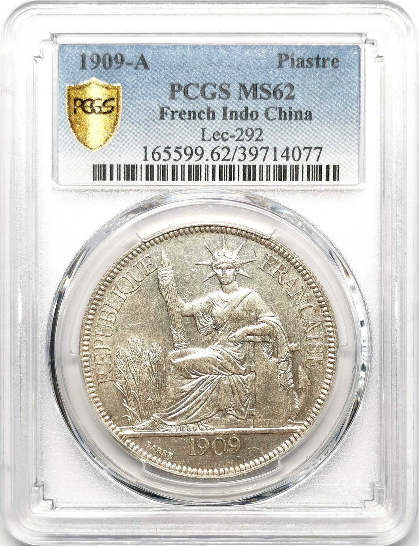 凡希万国世界钱币年度大拍第二季 PCGS MS62 1909A法属印度支那皮亚斯特大银 原色银光！