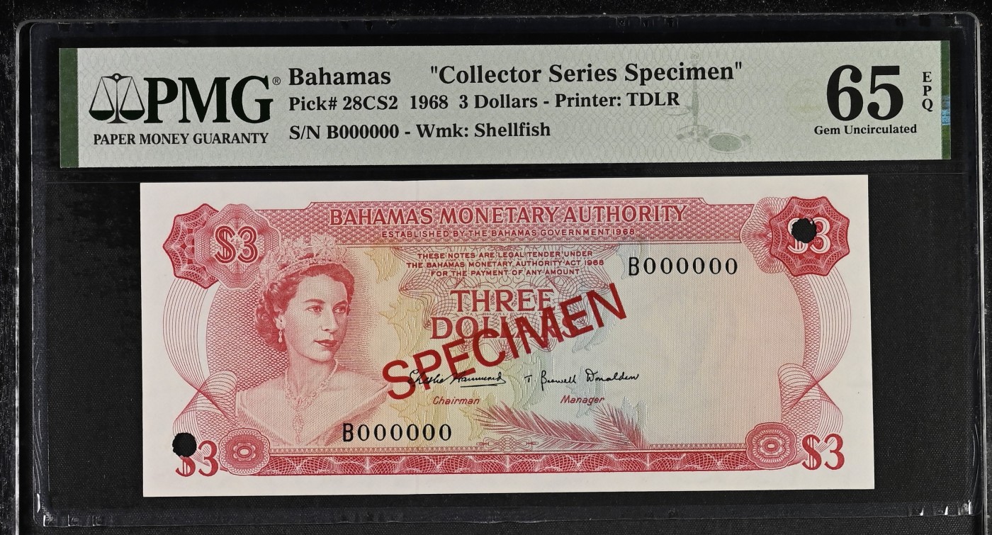 收藏联盟Quantum Auction 第315期拍卖  巴哈马1968年3元样票 PMG65 德纳罗彩背