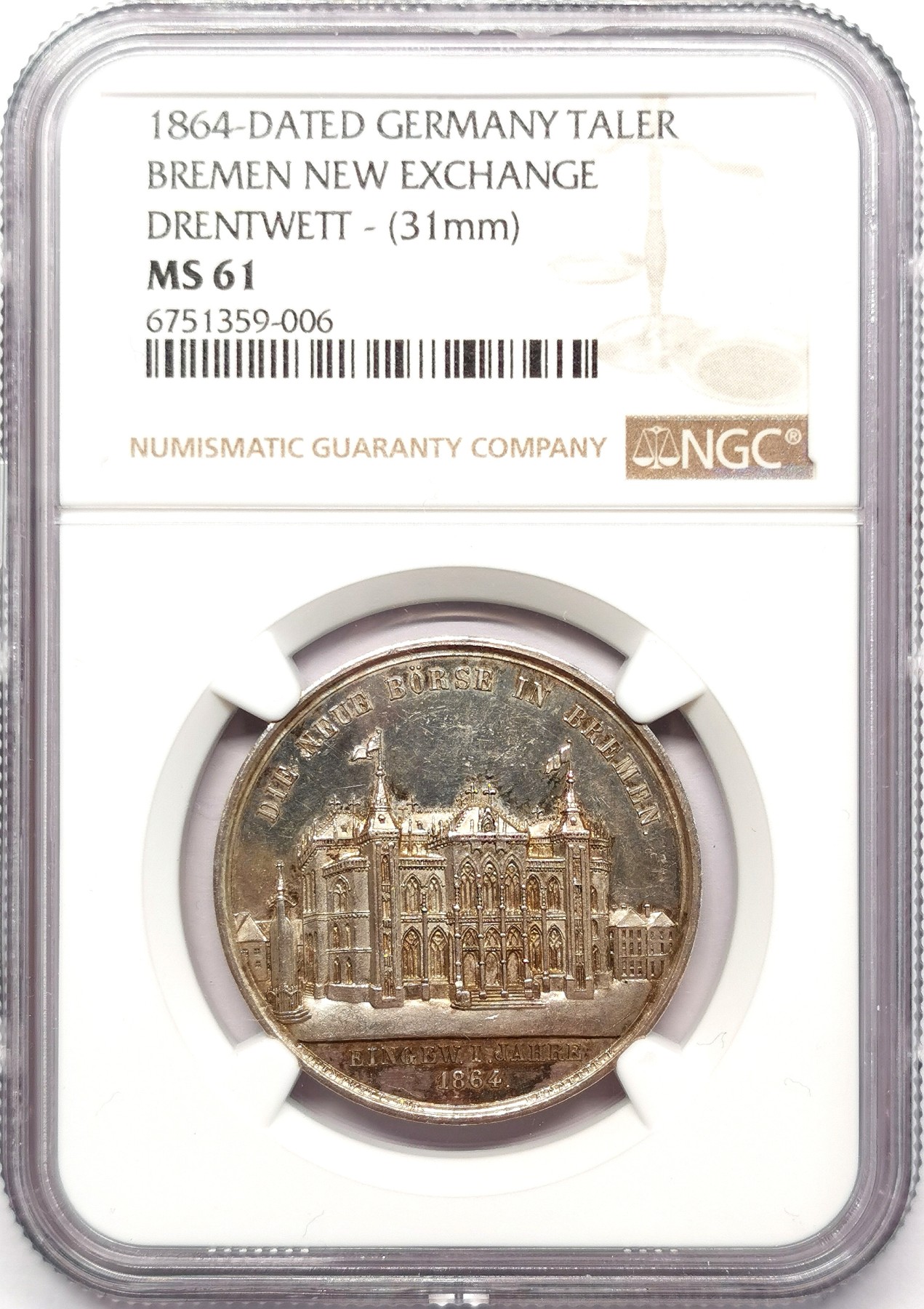 凡希万国世界钱币年度大拍第二季 NGC MS61 1864年德国不莱梅新证券交易大楼落成高浮雕纪念银章 与交易所泰勒同期发型数量远少于泰勒 配对必备
