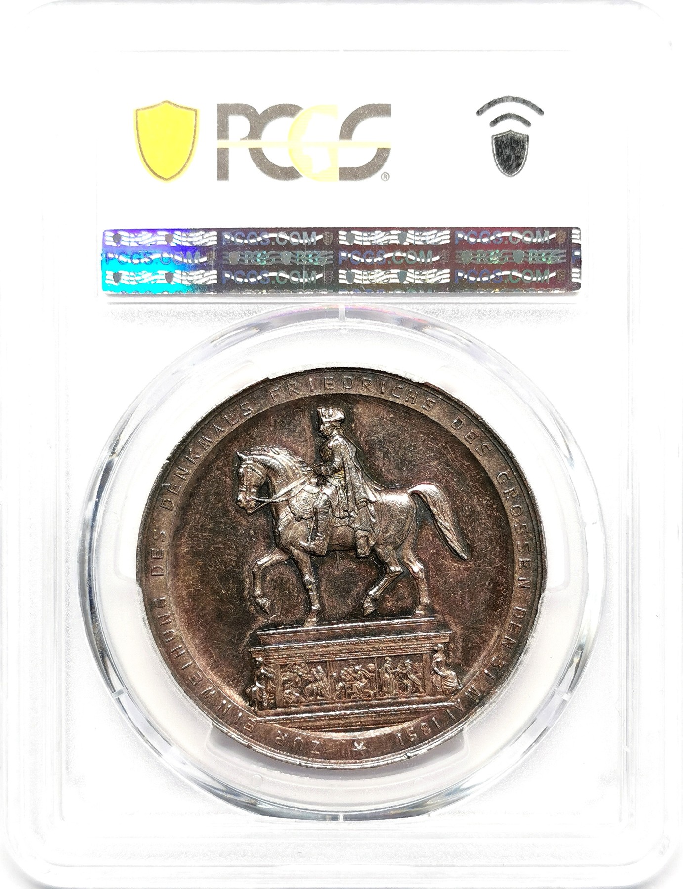 凡希万国世界钱币年度大拍第二季 PCGS SP61 1851年德国柏林菩提树下大街（林登大道）腓特烈大帝铜像落成纪念银章 银质高浮雕极其稀少 属于多年难见的品种  金红色幻彩
