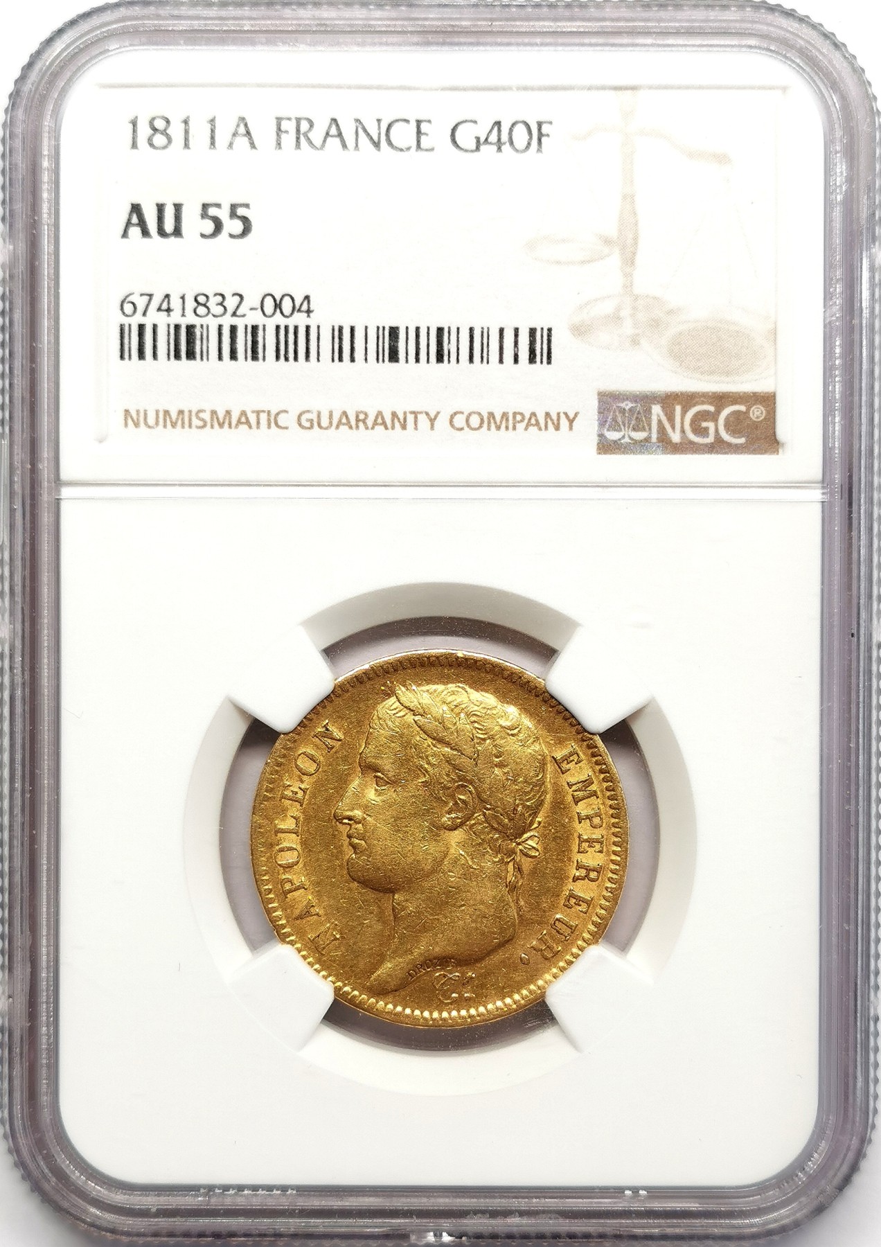 凡希万国世界钱币年度大拍第二季 1811A法国拿破仑桂冠像40法郎金币NGC AU55 12.9g 900金
