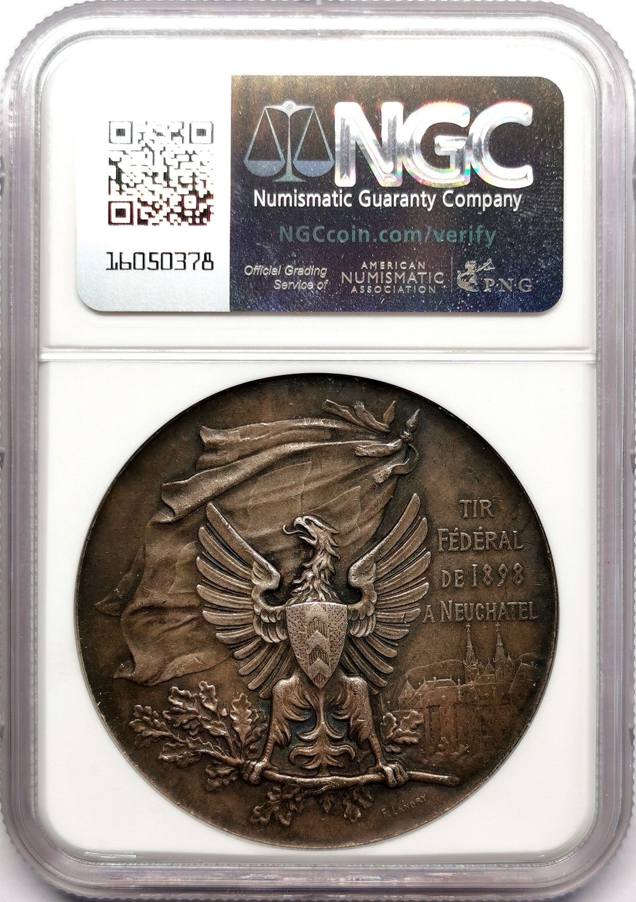 凡希万国世界钱币年度大拍第二季 NGC MS63 1898年瑞士纳沙泰尔射击节大银章 高浮雕 45MM 38G 原味原盒彩名誉品种