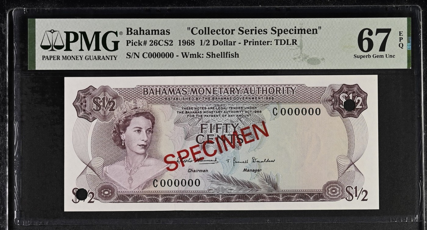 收藏联盟Quantum Auction 第315期拍卖  巴哈马1968年1/2元样票 PMG67 德纳罗彩背