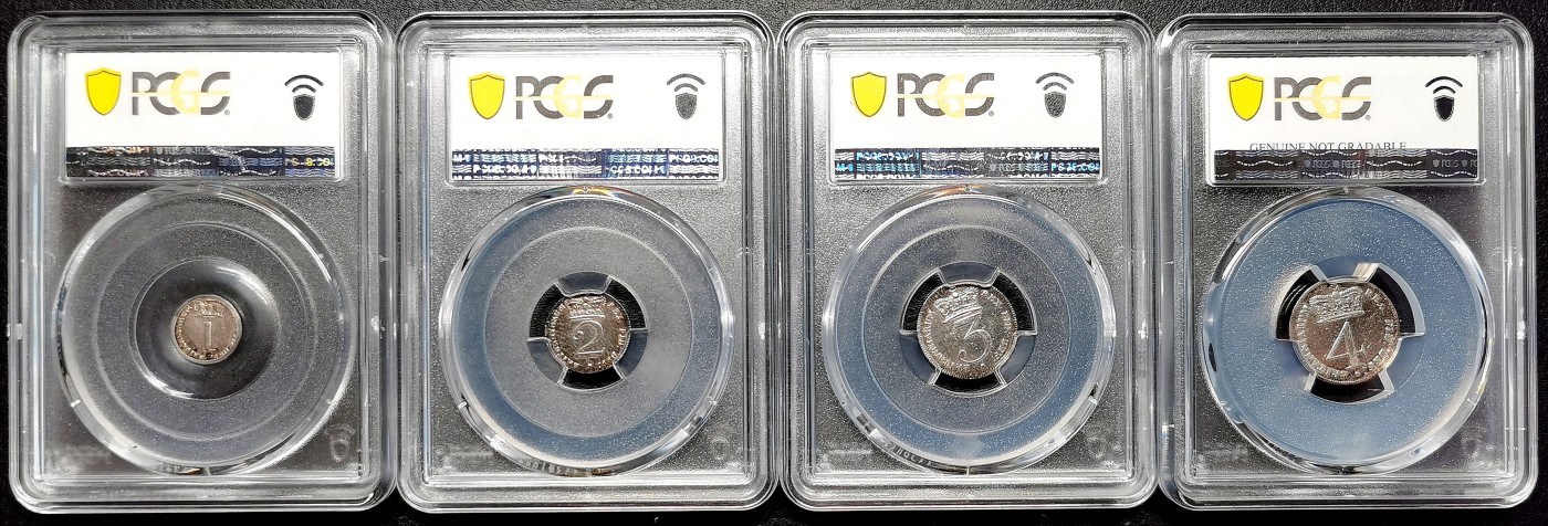 凡希万国世界钱币年度大拍第二季 PCGS PL 1820英国乔三濯足币四枚全套 铸币大革新后采用新式蒸汽铸币机生产的高品质铸币，实物有着明显的镜面效果。实物类镜面