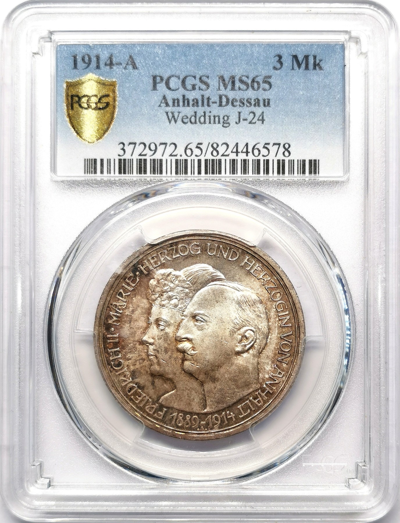 凡希万国世界钱币年度大拍第二季 PCGS MS65 1914年德国安哈特-德邵银婚纪念流通3马克 原味高分金彩
