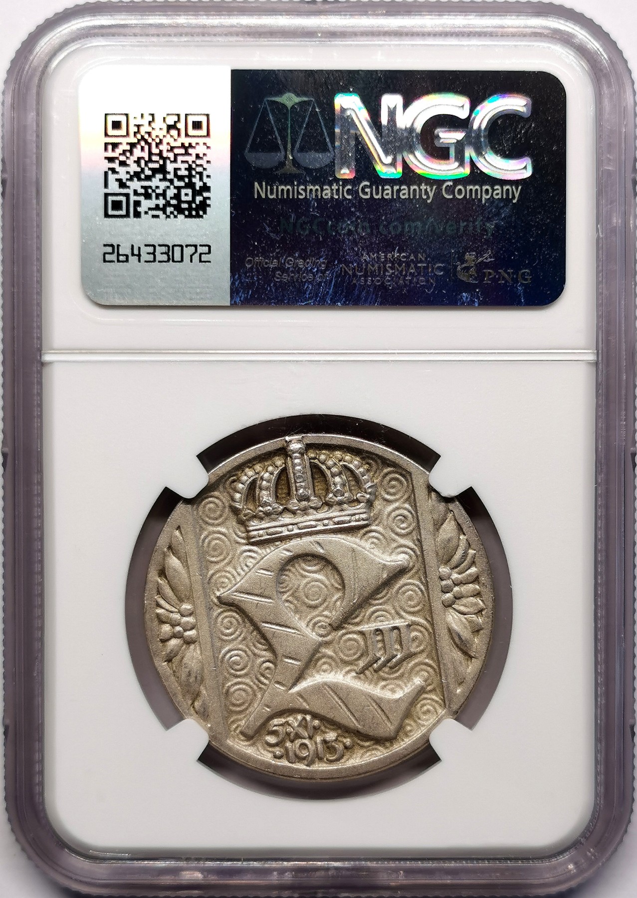 凡希万国世界钱币年度大拍第二季 NGC MS63 1913年德国巴伐利亚末代国王路德维希三世废黜奥托一世加冕为巴伐利亚国王纪念银章 少见33MM厚重 阴刻与阳刻完美结合