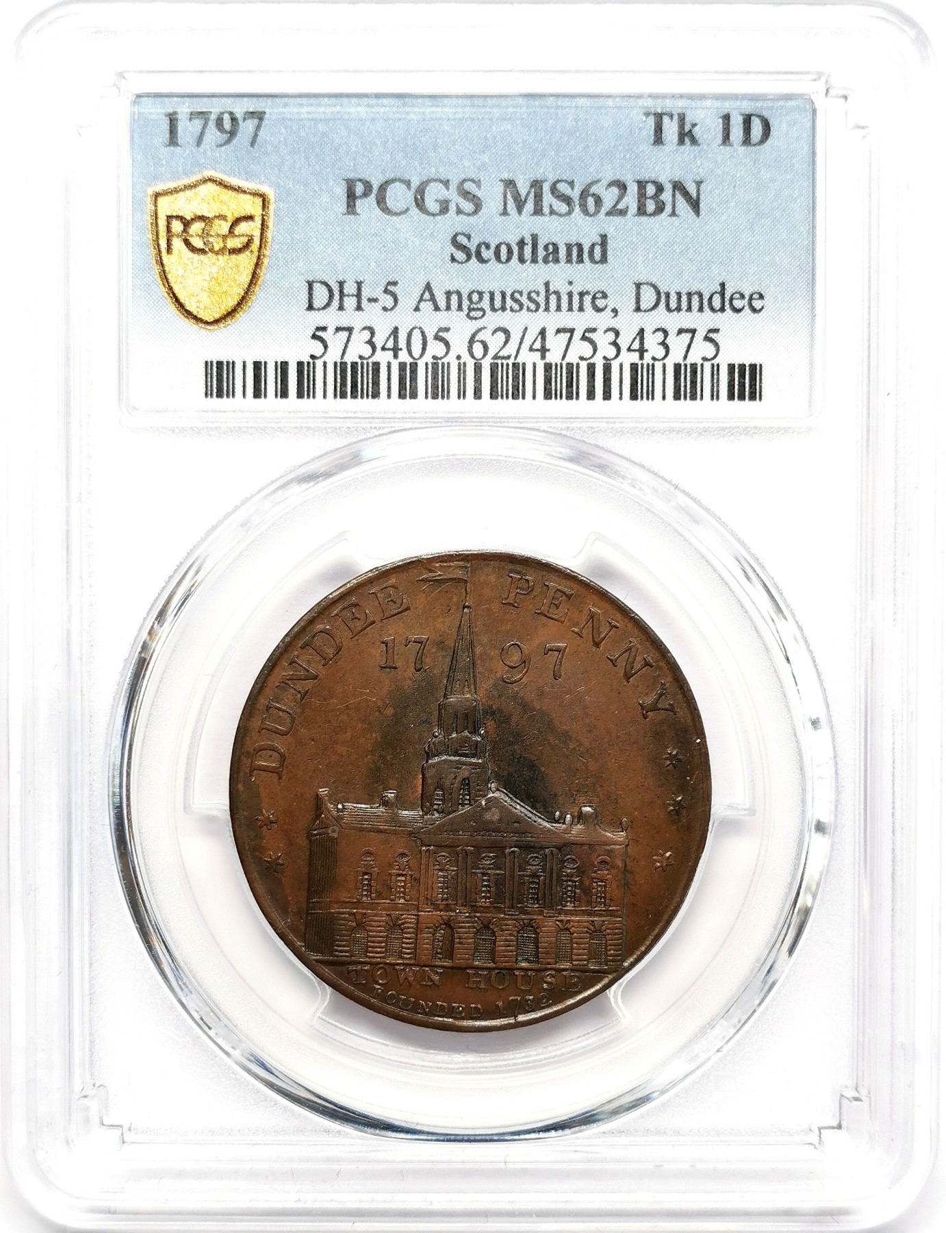 凡希万国世界钱币年度大拍第二季 PCGS MS62BN 1797苏格兰敦提1/2便士铜代币