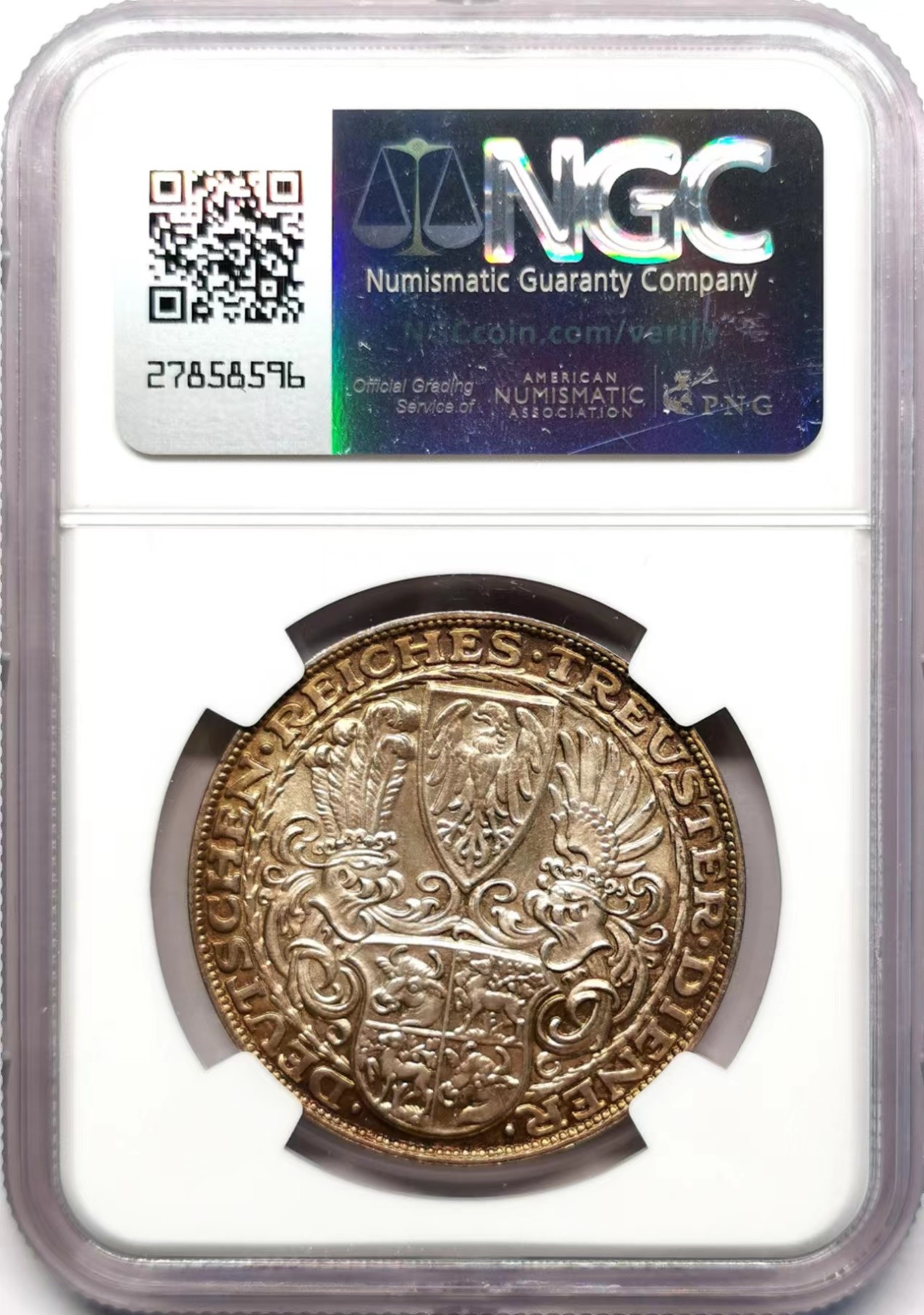 凡希万国世界钱币年度大拍第二季 NGC MS64 1927年德国魏玛总统兴登堡总统80大寿纪念流通5马克币章 五彩