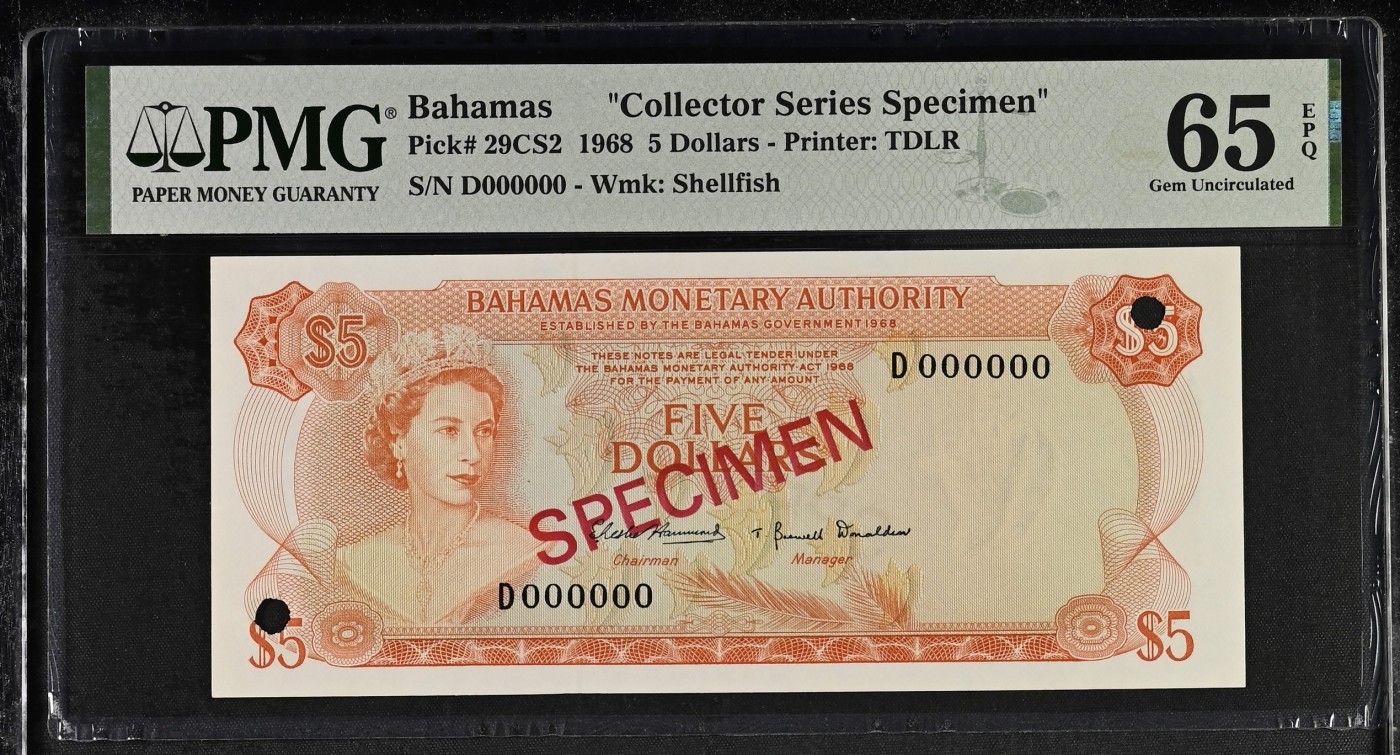 收藏联盟Quantum Auction 第315期拍卖   巴哈马1968年5元样票 PMG65 德纳罗彩背