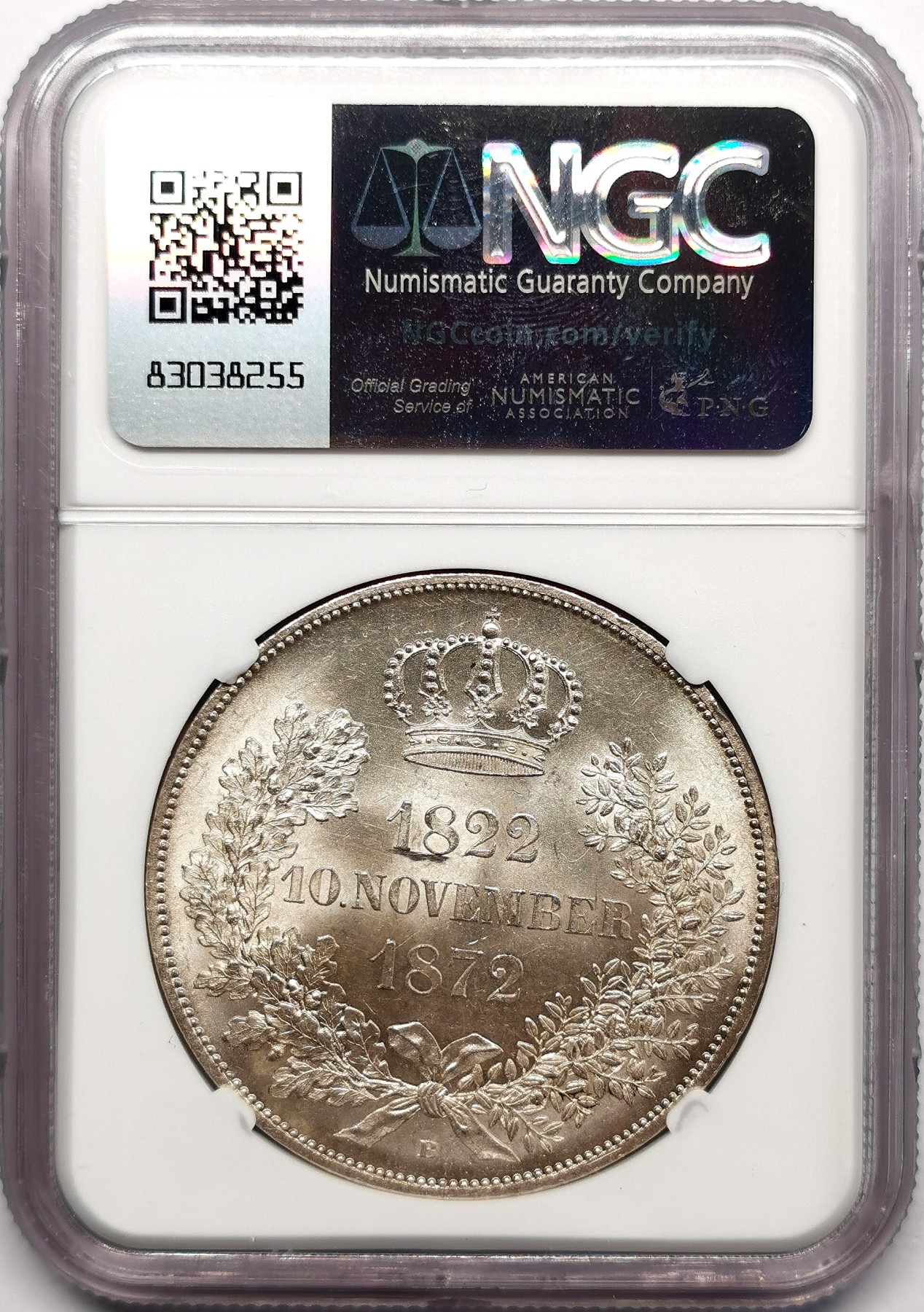 凡希万国世界钱币年度大拍第二季 NGC MS64 1872年德国萨克森国王金婚流通纪念2泰勒 最后的2泰勒名誉品种 十字转曝光