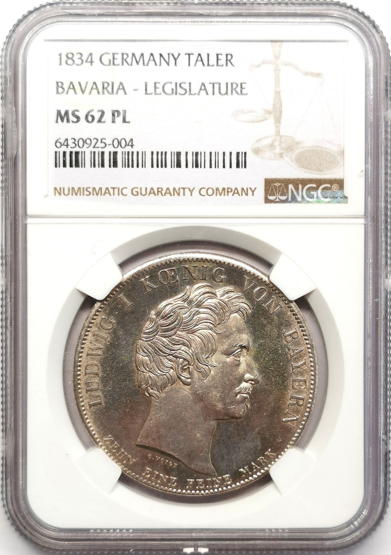 凡希万国世界钱币年度大拍第二季 NGC MS62PL 1834年德国巴伐利亚路德维希一世纪念历史学家大泰勒 类精致镜面淡金彩 亚军分
