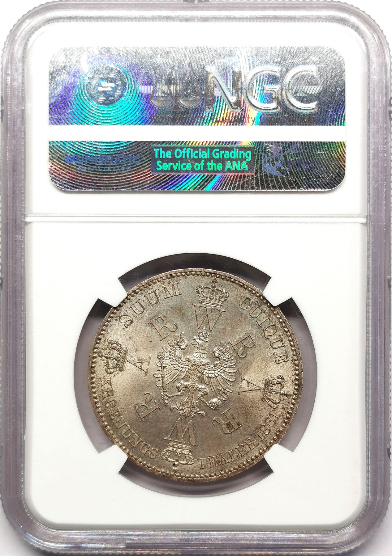 凡希万国世界钱币年度大拍第二季 NGC MS65 1861年德国普鲁士威廉一世加冕纪念流通1泰勒 著名的毛衣泰勒 这样的五彩原味现在也是凤毛麟角了