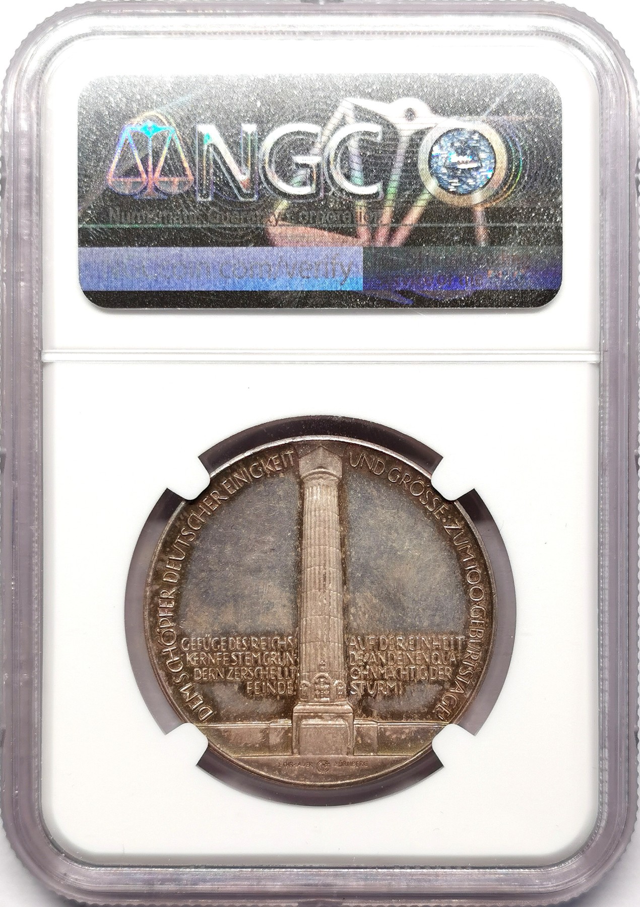 凡希万国世界钱币年度大拍第二季 NGC MS63 1915年德意志帝国的脊梁俾斯麦诞辰100周年纪念银章 原味天鹅绒彩 百年建功纪念碑