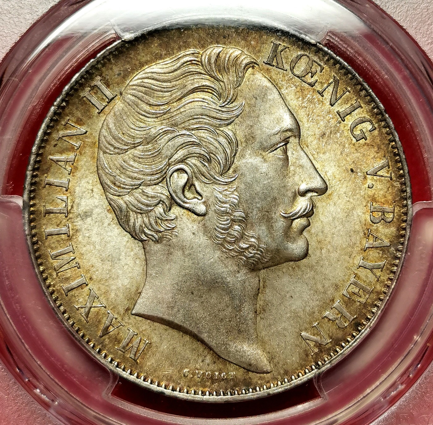 凡希万国世界钱币年度大拍第二季 PCGS MS62 1849年德国巴伐利亚马克西米利安二世双狮盾徽流通2古尔登 非常舒适的原味黄油光
