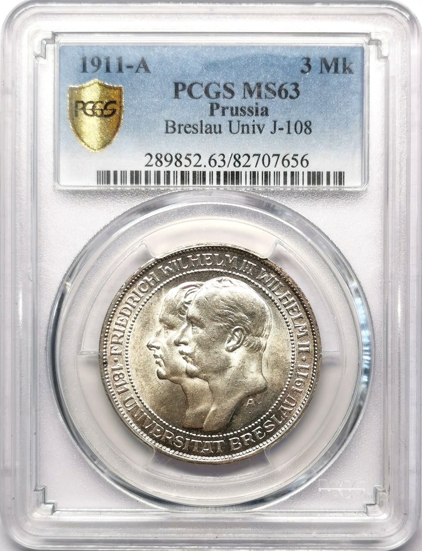 凡希万国世界钱币年度大拍第二季 PCGS MS63 1911年德国布雷斯劳大学纪念流通3马克 布雷斯劳二战后割让波兰 也就是现在的波兰弗罗茨瓦夫